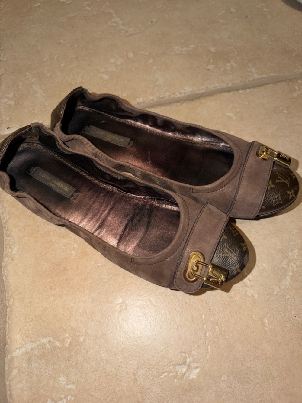Louis Vuitton Brown Suede Monogram Cap-Toe Ballet Flats with Gold Hardware